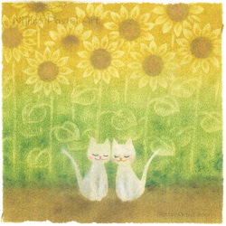 ミニ額(複製画)『ひまわり畑と猫』ミニアート 絵 イラスト パステルアート 2枚目の画像