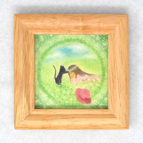 ミニ額(複製画)『白詰草の花冠』ミニアート 絵 イラスト 黒猫 女の子 