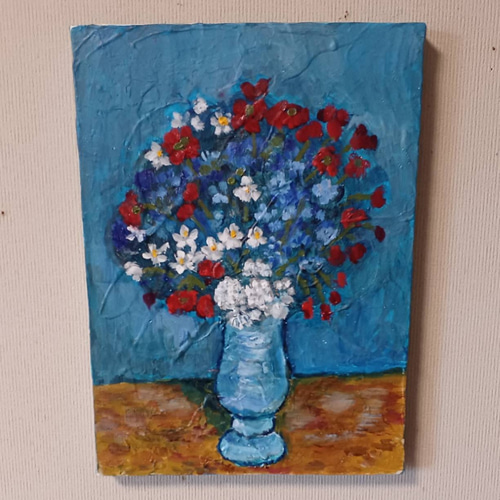原画 ブルーの部屋の花瓶27.5×22 油絵アクリル混合 アンティークな