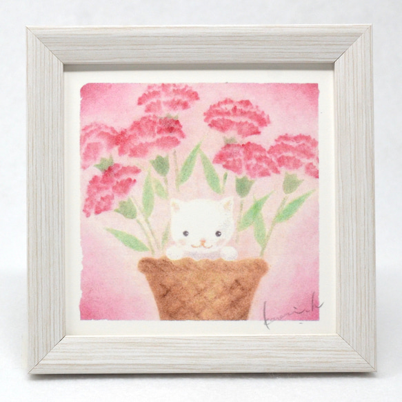 猫のパステル画 ピンク額縁付き