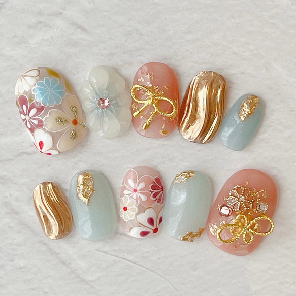 まっつん　ニュアンスネイル　ぷっくりフラワー　花　大人　成人式 ぷっくりフラワーネイルチップ⸜ ෆ ⸝‍ ニュアンス ミラー 振袖
