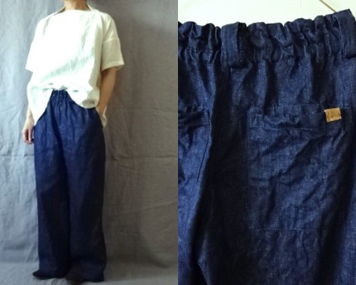 美品★45R クロップドパンツ インディゴ デニム 麻 ワイド ドローコード 美品☆45R クロップドパンツ インディゴ デニム 麻 ワイド