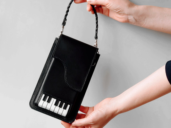 《特集掲載》個性派！【ピアノ】スマホポシェット＆ハンマーチャーム【肩紐長さ調整可・2way】袋ラッピング無料 4枚目の画像