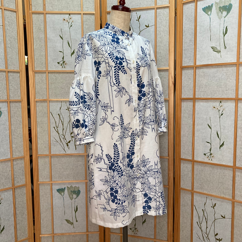 ☆浴衣リメイク☆チュニック丈のシャツブラウス(バンドカラー