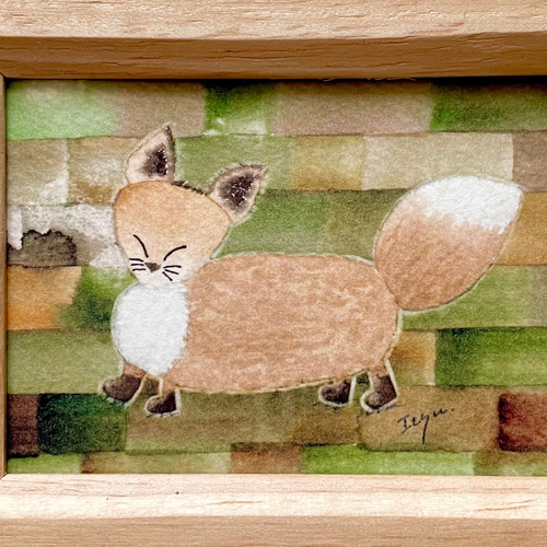 透明水彩画 ミニ額「北欧キツネ」イラスト きつね 動物 プチ