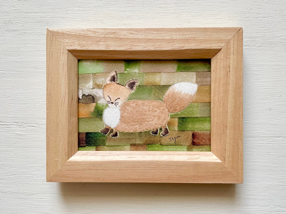 キツネの図版　フランス　アンティーク　版画　1880年　動物　博物画　額縁 透明水彩画 ミニ額「北欧キツネ」イラスト きつね 動物 プチギフト 母