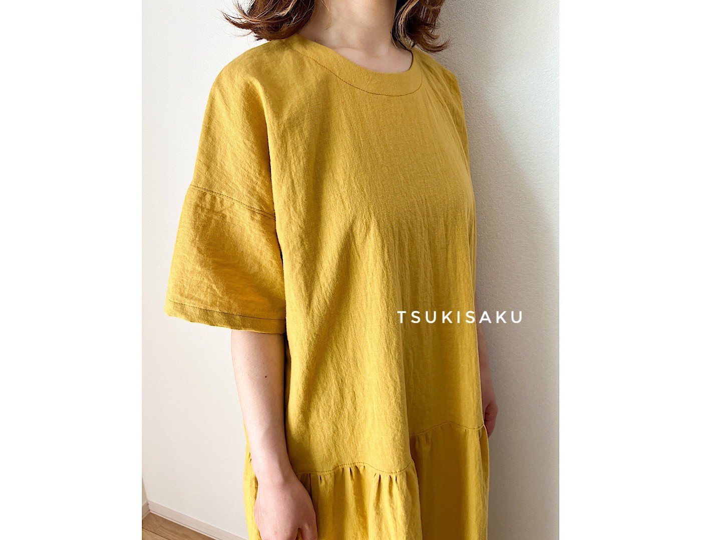 柔らかコットンリネンのゆったり大人ワンピース半袖｜着丈変更可｜ミモザカラー｜10種のカラー