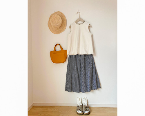 ハンドメイドギャザースカート　リネン混ギンガムチェック ギンガムチェックのシンプルギャザースカート｜大人ロング