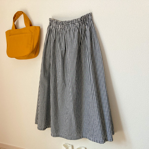 ハンドメイドギャザースカート　リネン混ギンガムチェック MAISON BREEZE 【SETUP7】大人カジュアル フレアギャザーロング