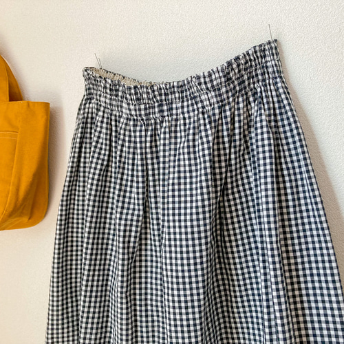 ハンドメイドギャザースカート　リネン混ギンガムチェック ギンガムチェックのシンプルギャザースカート｜大人ロング