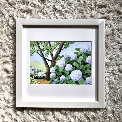 透明水彩画　原画　「アナベルの丘02」額縁付　６Fサイズ　風景画 透明水彩画 原画 「アナベルの丘02」額縁付 6Fサイズ 風景画