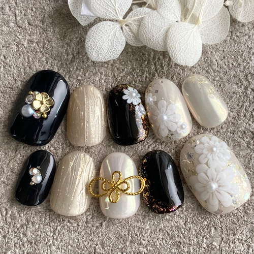 【オーダー】ネイルチップ　振袖袴　和装　卒業式　前撮り　金箔　ニュアンスミラー オーダー】ネイルチップ 振袖袴 和装 卒業式 前撮り 金箔 ニュアンス