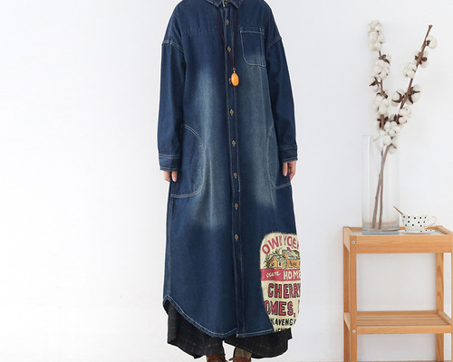 異素材パッチワークのデニムロングシャツワンピース コート