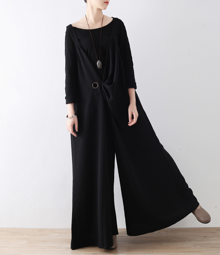 スタイルアップに導く、ストライプ アシンメトリーサロペット ブラック