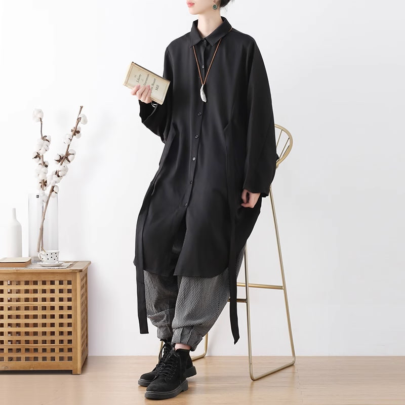 【即納】ベルトでウエストマークができる、ゆったりドルマンスリーブシャツ ブラック