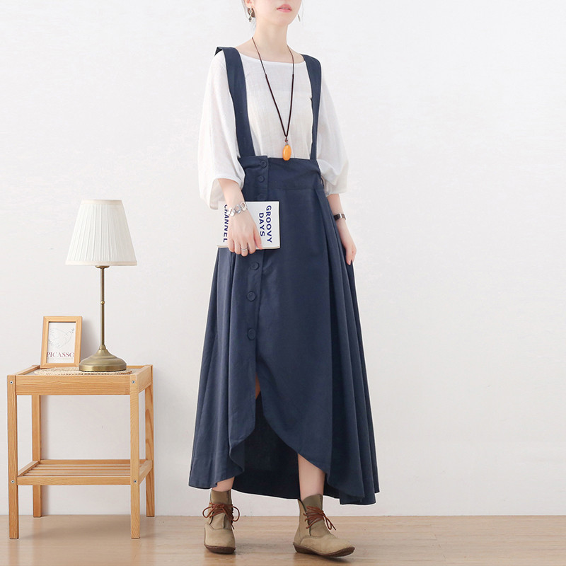 アシンメトリーな2Wayリネンジャンパースカート ネイビー