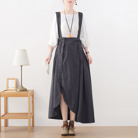 即納】アシンメトリーな2Wayリネンジャンパースカート グレー ロング