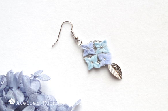 [Tsumami Crafts] [手工染色] 繡球花和樹葉吊飾耳環（藍色） 第3張的照片