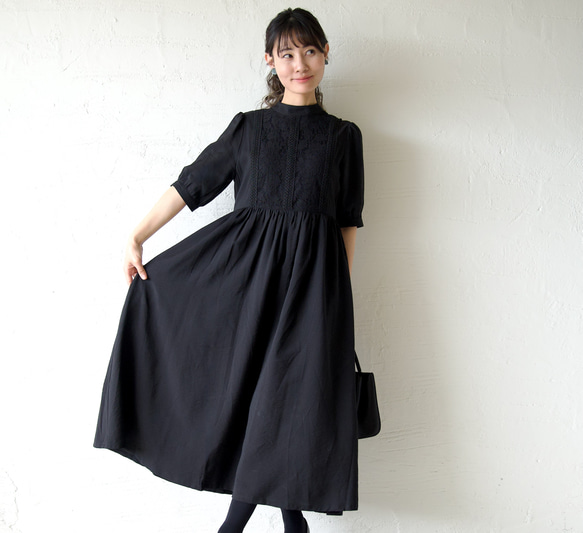 Morino Gakko 可愛黑色蕾絲短袖連身洋裝 [黑色] 婚禮邀請函、追悼會、禮儀場合 第1張的照片
