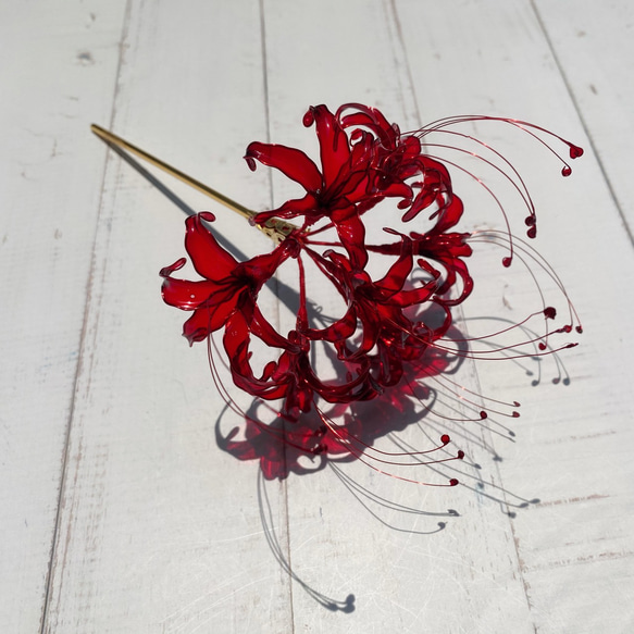 彼岸花のかんざし ディップアート 一本簪 蕊赤 3枚目の画像