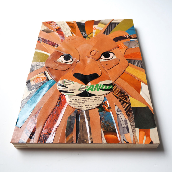 レザーのコラージュアート （ライオン） A4サイズ 木製パネル 3枚目の画像