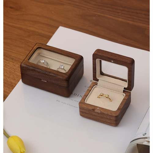 彫刻名入れ無料』チェリー＆ウオルナットウッド グラス付きの木製指輪