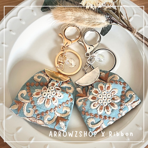 RB03】インド刺繍リボン キーホルダー キーチェーン チャーム 高みえ