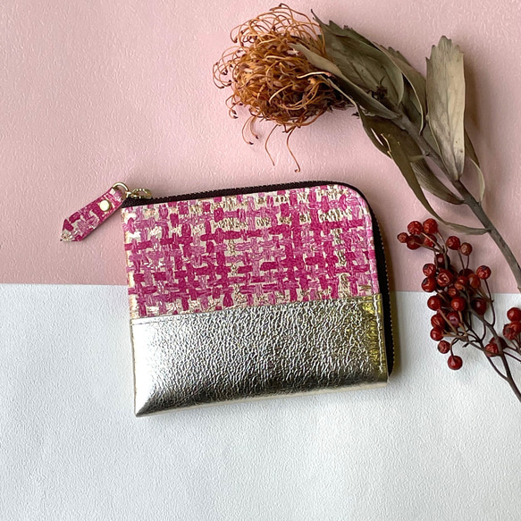 ピッグスキンのスリムなミニ財布　ツイード 3枚目の画像