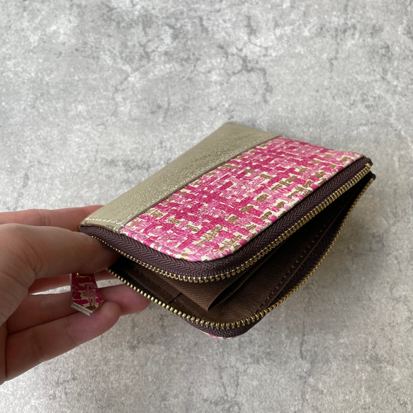 ピッグスキンのスリムなミニ財布　ツイードピンク 2枚目の画像