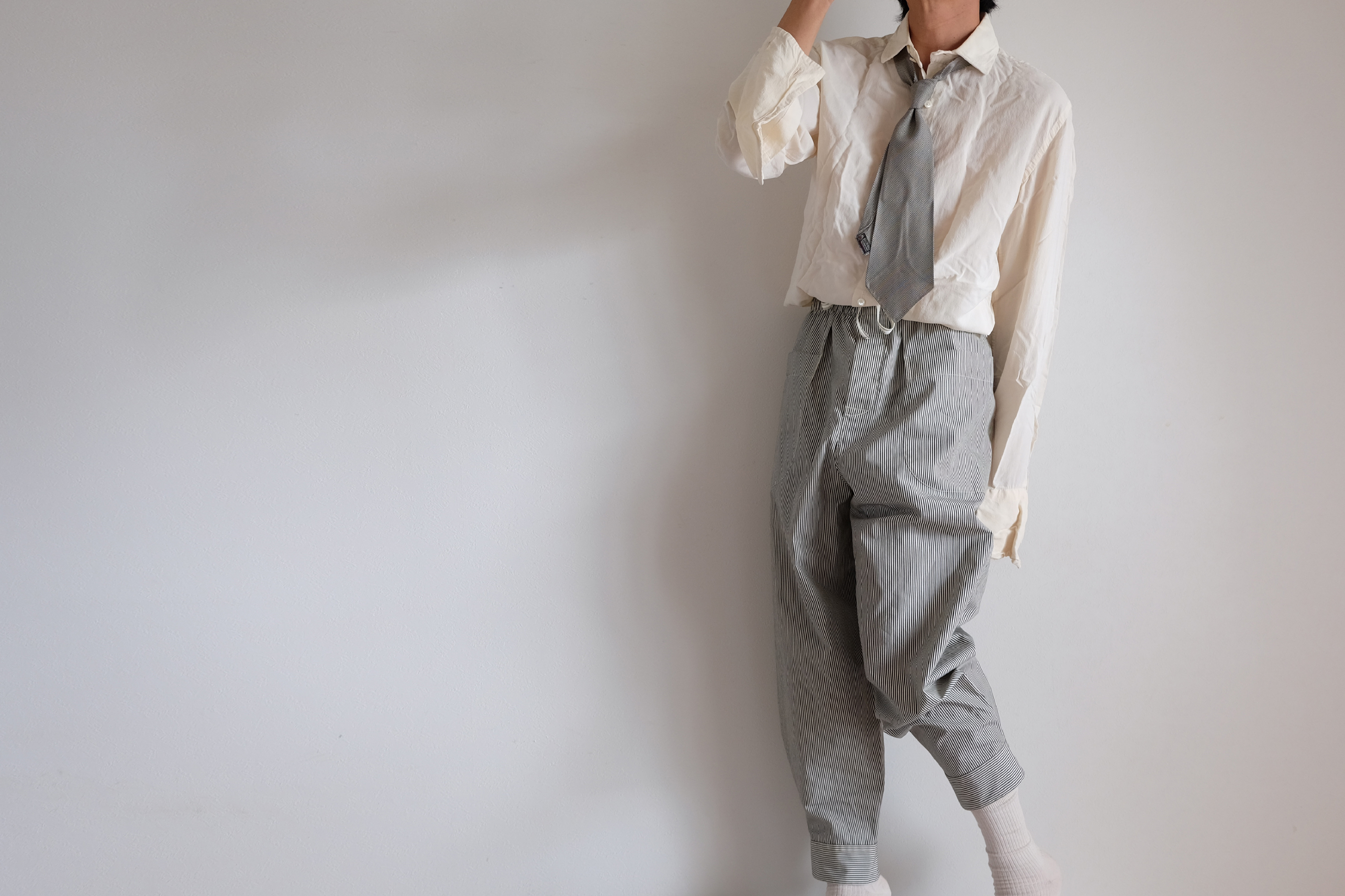 シャツ袖パンツ / コットン【クリーム＆ダークグレー / ロンドンストライプ 】