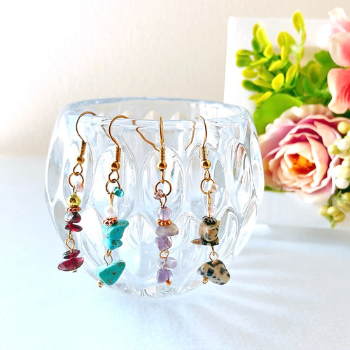 さざれ石の天然石ピアス 4種 イヤリング 天然石 ストロベリークォーツ