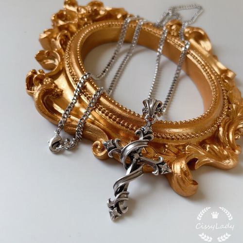 燻し加工 Vintage アンティーク 十字架 クロス ロングネックレス