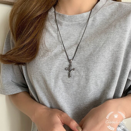 燻し加工 Vintage アンティーク 十字架 クロス ロングネックレス 男性 