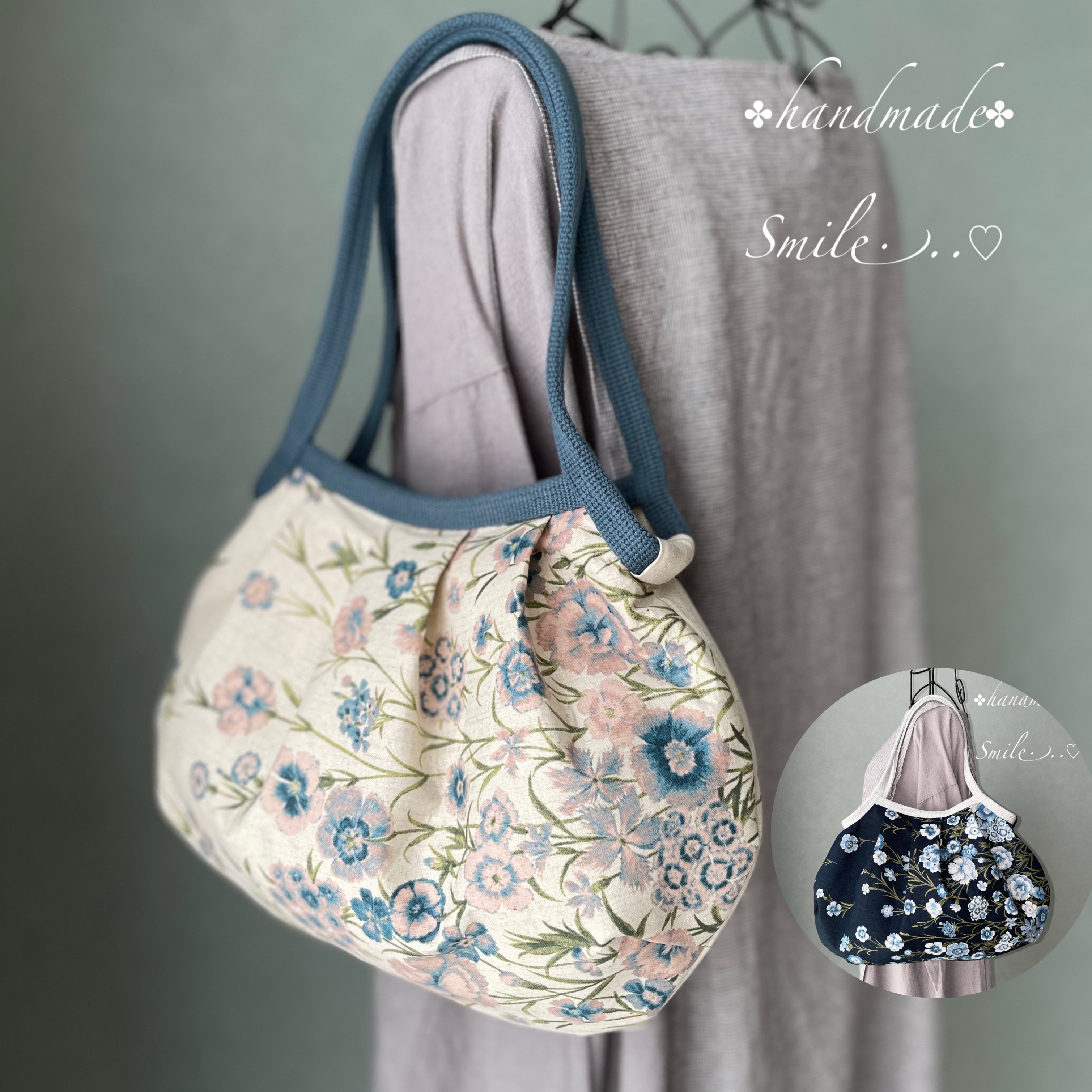 コロンと可愛いショルダーグラニーバッグ　爽やかブルーのなでしこ　ネイビー地　◎選べる2サイズ