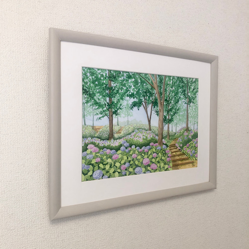 紫陽花の丘」透明水彩画 原画 風景画 額縁付 F4サイズ 絵画 Oni 紫陽花の丘」透明水彩画 原画 風景画 額縁付 F4サイズ 絵画 Oni