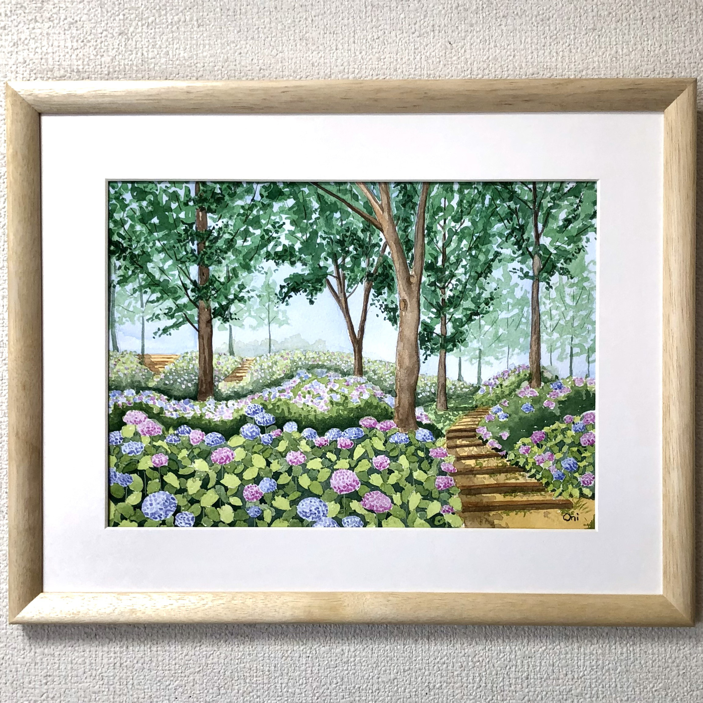 「紫陽花の丘」透明水彩画 原画 風景画 額縁付 F4サイズ 絵画 Oni 