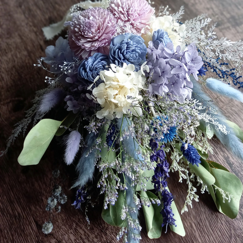 再再販』ラベンダーカラーあじさいとくすみブルーのスワッグ✿ブーケ