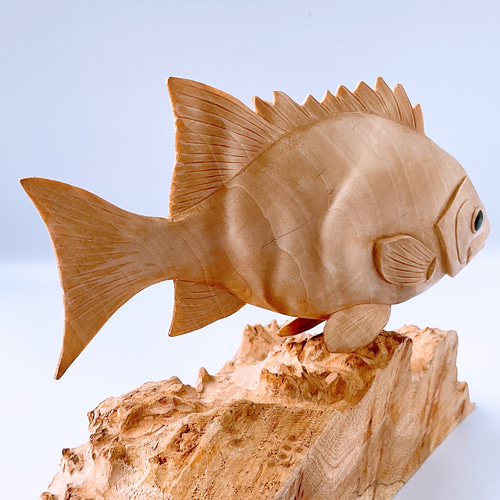 魚(イシダイ)の置物 栃のチジミ杢 彫刻アート・木工 受注生産 魚(イシダイ)の置物 栃のチジミ杢 彫刻アート・木工 受注生産