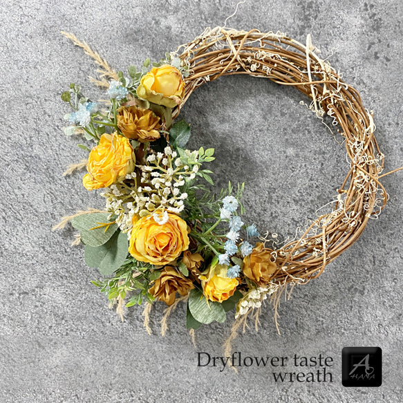 【期間限定3500円均一セール】ドライフラワー風　wreath　リース　yellow rose （R0004 2枚目の画像