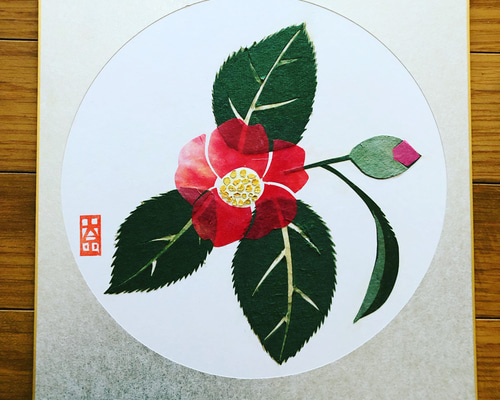 最新入荷】 手描き和紙タペストリー(花鳥画/椿・ルリビタキ