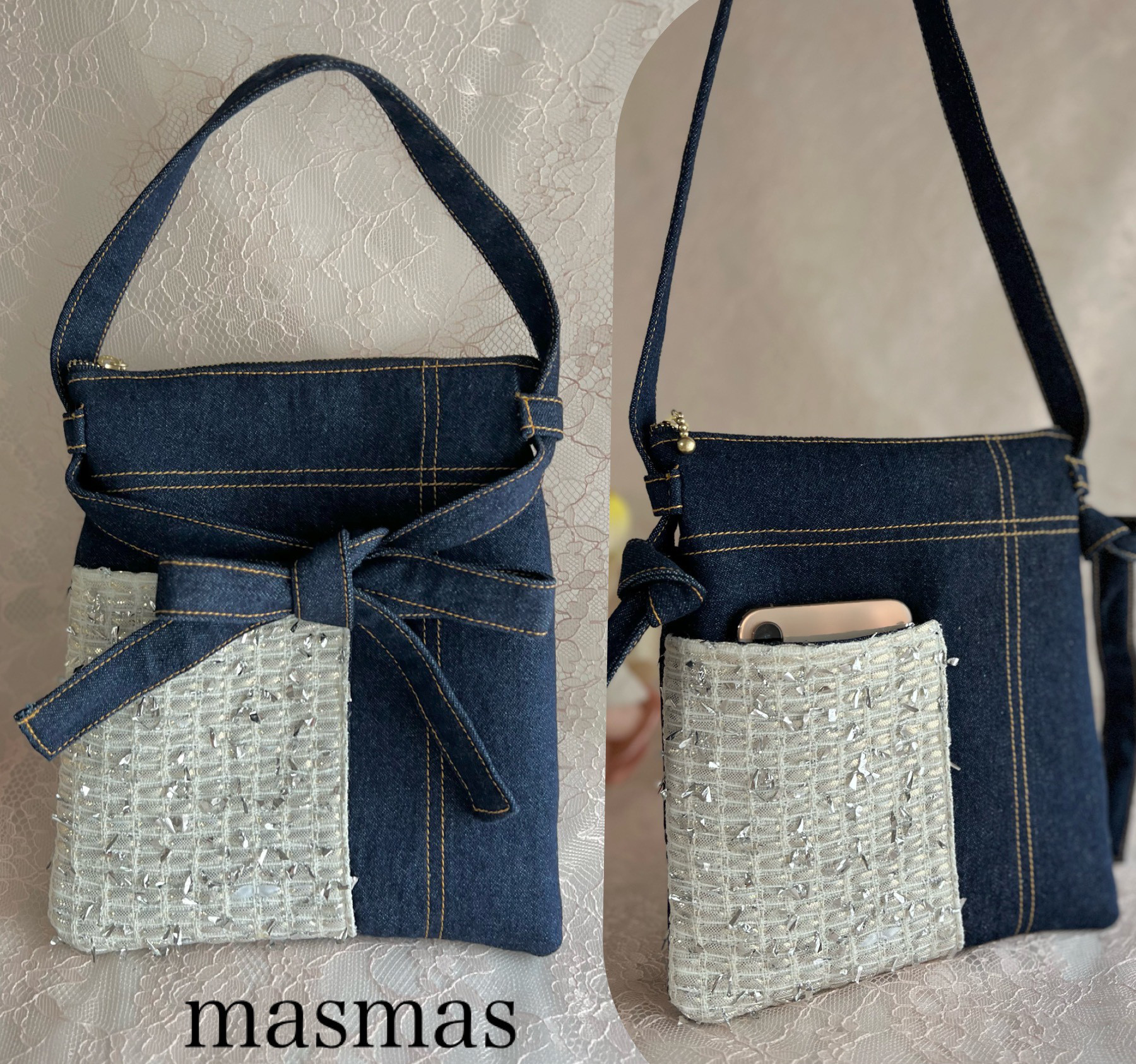 ❤️英国ツイードandデニムバッグ❤️ショルダー長さ自由自在❤️リボン結びで可愛く❣️垂らしても❣️LINTON