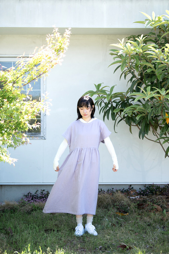 亞麻&amp;有機棉薄紗寬鬆短袖長裙【薰衣草染/植物染】 第7張的照片