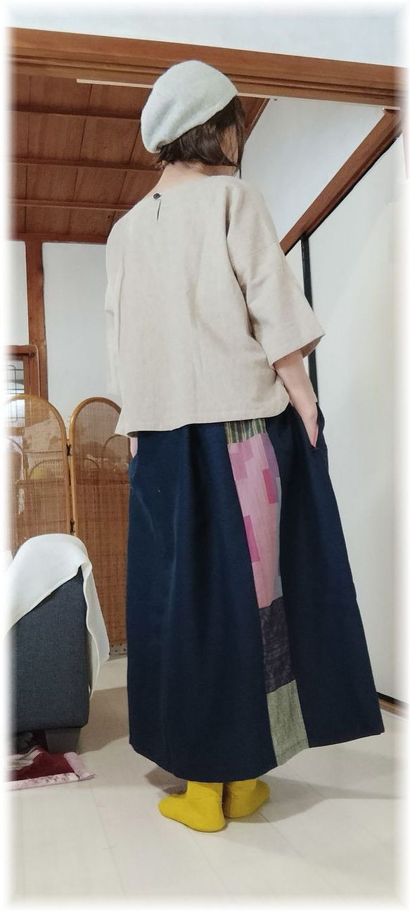 着物リメイク　パッチワークロングスカート　ワイド幅　マキシ丈　　シームポケット 4枚目の画像