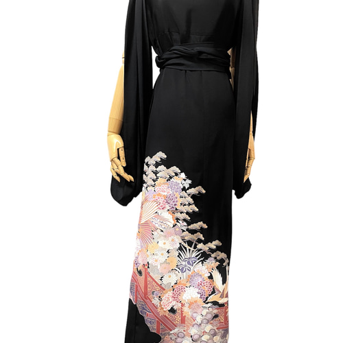 送料無料 着物 リメイク 留袖 袖 ドレープ 尾長鳥 松竹梅 菊 ロング