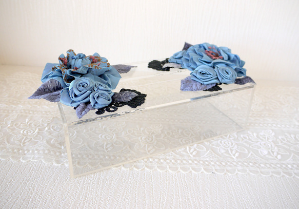 期間限定価格１点限り　母の日　セレブのティッシュボックス　フランスリボンのお花　ブルー系 4枚目の画像