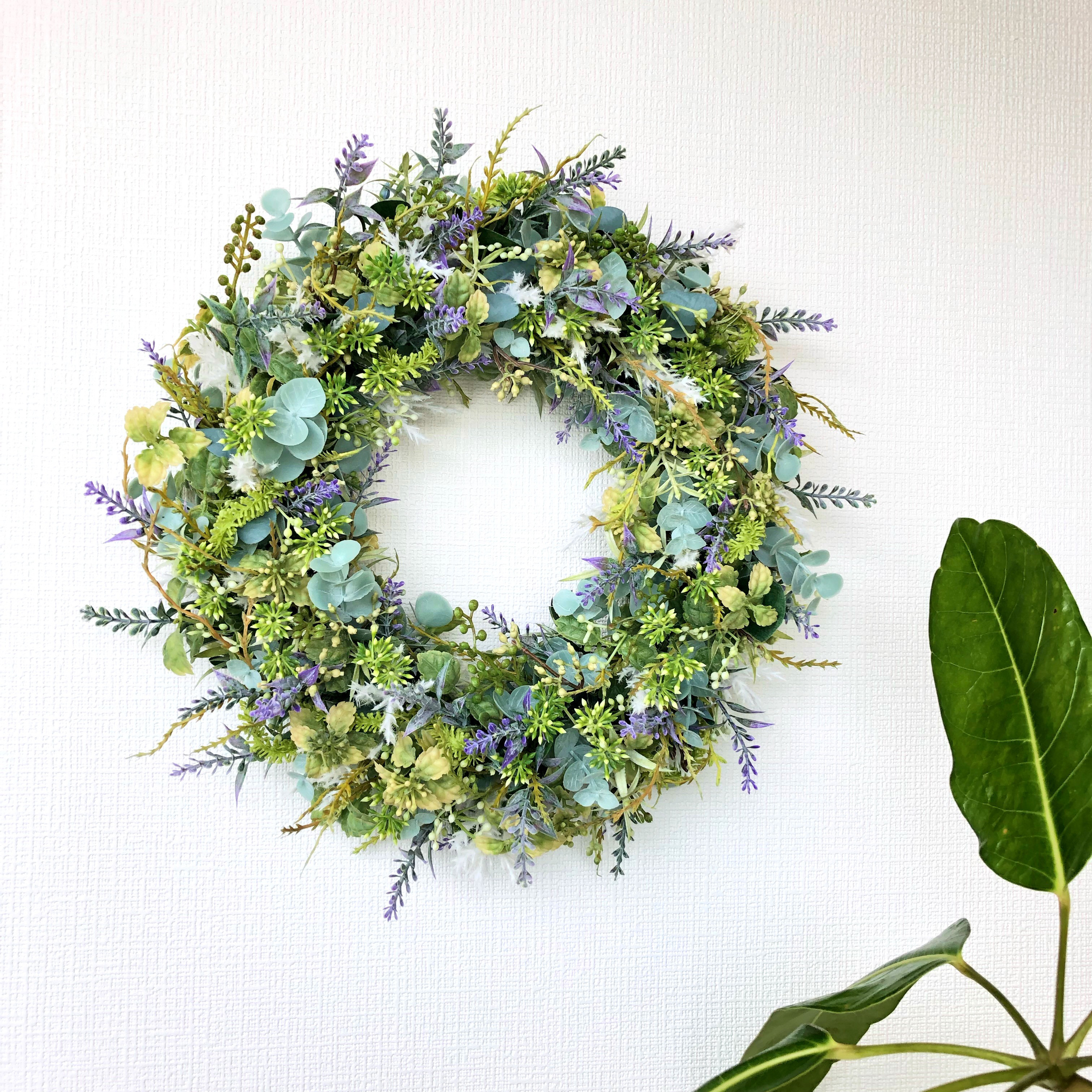 ラベンダー ユーカリ 草花のナチュラルリース 35cm アーティフィシャルフラワー