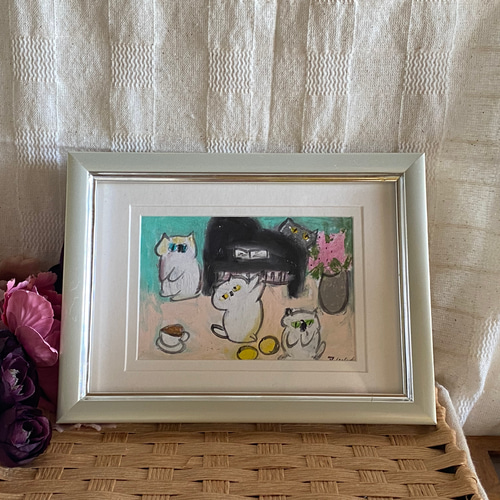 絵画。壁掛け原画【可愛い猫たちのロマンチックなピアノ演奏会】 絵画。壁掛け原画【可愛い猫たちのロマンチックなピアノ演奏会】