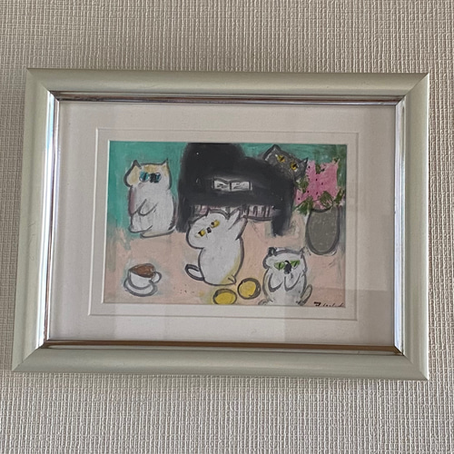 絵画。壁掛け原画【青い空の下のピアノの曲と楽しい猫たち】 絵画。壁掛け原画【青い空の下のピアノの曲と楽しい猫たち】