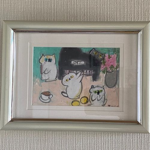 絵画。壁掛け原画【ピアノのそばで踊るのが好きなかわいい猫たち