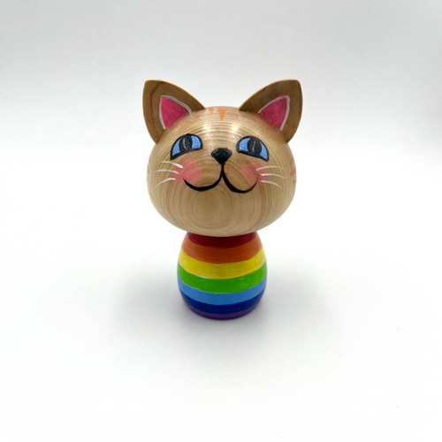 猫こけし （レインボー・青の目）インテリア 手のひらサイズ
